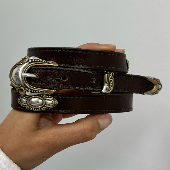 Accessories - ⛔️SOLD⛔️Vintage Mixed Metal Two Tone Brown Leather Western Narrow Belt Adjustabl